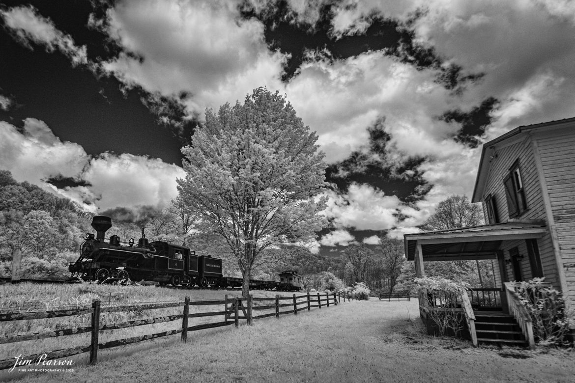 In this week’s Saturday Infrared photo, Cass Scenic Railroad Heisler#6 pulls past the old Farmhouse from the School House Curve as they head back to Cass, West Virginia from Durban, during the Cass Spring Photographers Special, on May 4th, 2025. 

According to the Mountain Rail West Virginia Website: The Meadow River Lumber No. 6 was built by the Heisler Locomotive Works in Erie, PA, in 1929 for the Bostonia Coal & Clay Products Company of New Bethlehem, PA.

The Heisler was sold to the Meadow River Lumber Company at Rainelle, WV in 1939, where it was rostered as No. 6. She retired from the lumber company in 1965 and was purchased by the purchased it by the state of West Virginia purchased. The engine ran under its own steam from Rainelle to its new home in Cass in December 1966. No. 6 would begin operating on the railroad in 1968. The Heisler is the fastest geared locomotive in the Cass collection.

Tech Info: Fu, RAW, Nikon 10-24 @ 10mm, f/4.5, 1/1000, ISO 400.

#railroad #railroads #train, #trains #railway #railway #railtransport #railroadengines #picturesoftrains #picturesofrailways #besttrainphotograph #bestphoto #photographyoftrains #bestsoldpicture #JimPearsonPhotography #steamtrain #casssenicrailway #irphotography