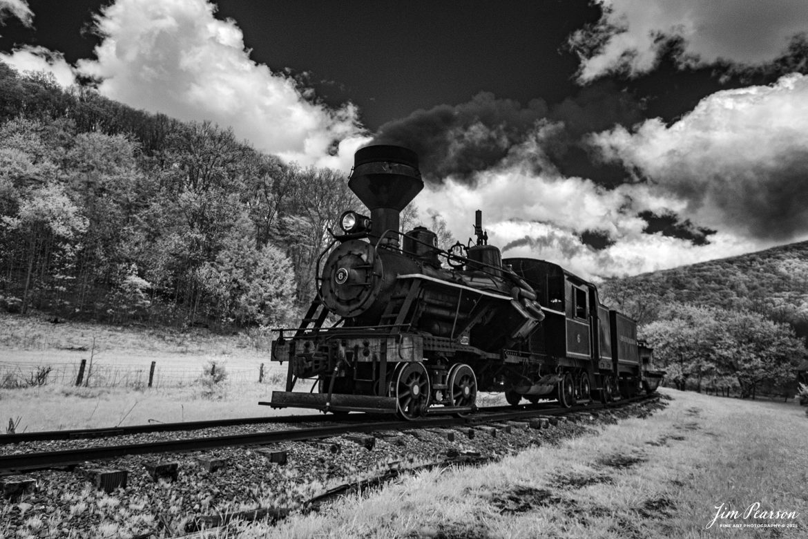 In this week’s Saturday Infrared photo, Cass Scenic Railroad Heisler#6 is pulling through what's known as the School House Curve as they head back to Cass, West Virginia from Durban, during the Cass Spring Photographers Special, on May 4th, 2025. 

According to the Mountain Rail West Virginia Website: The Meadow River Lumber No. 6 was built by the Heisler Locomotive Works in Erie, PA, in 1929 for the Bostonia Coal & Clay Products Company of New Bethlehem, PA.

The Heisler was sold to the Meadow River Lumber Company at Rainelle, WV in 1939, where it was rostered as No. 6. She retired from the lumber company in 1965 and was purchased by the purchased it by the state of West Virginia purchased. The engine ran under its own steam from Rainelle to its new home in Cass in December 1966. No. 6 would begin operating on the railroad in 1968. The Heisler is the fastest geared locomotive in the Cass collection.

Tech Info: Fu, RAW, Nikon 10-24 @ 16mm, f/4.5, 1/1000, ISO 400.

#railroad #railroads #train, #trains #railway #railway #railtransport #railroadengines #picturesoftrains #picturesofrailways #besttrainphotograph #bestphoto #photographyoftrains #bestsoldpicture #JimPearsonPhotography #steamtrain #casssenicrailway #irphotography