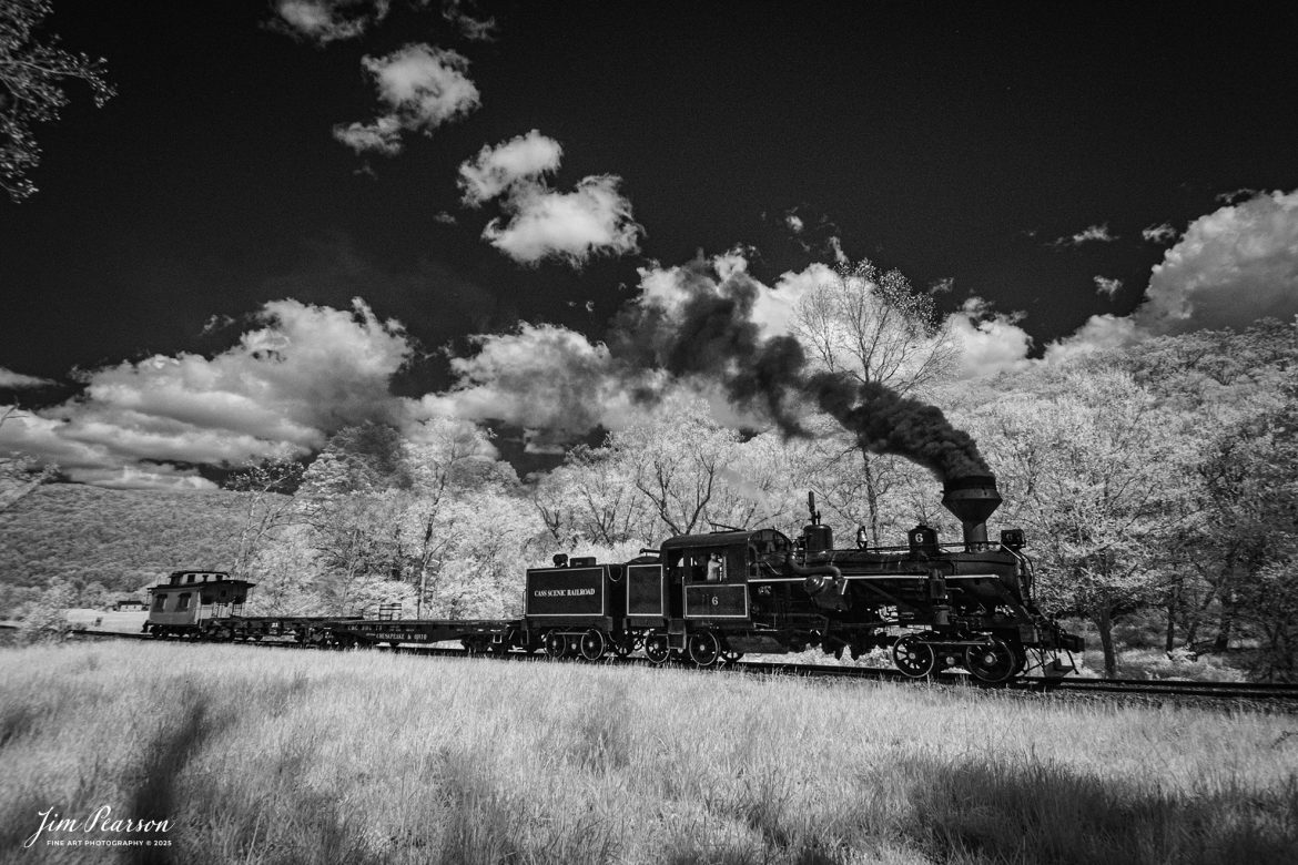 In this week’s Saturday Infrared photo, we catch Engineer Noah Barkley as he keeps a watchful eye on the track ahead from Cass Scenic Railroad Heisler #6 as they pull through the countryside at Wanless on the way to Cass, West Virginia, during the Cass Spring Photographers Special,on May 4th, 2025. 

According to the Mountain Rail West Virginia Website: The Meadow River Lumber No. 6 was built by the Heisler Locomotive Works in Erie, PA, in 1929 for the Bostonia Coal & Clay Products Company of New Bethlehem, PA.

The Heisler was sold to the Meadow River Lumber Company at Rainelle, WV in 1939, where it was rostered as No. 6. She retired from the lumber company in 1965 and was purchased by the purchased it by the state of West Virginia purchased. The engine ran under its own steam from Rainelle to its new home in Cass in December 1966. No. 6 would begin operating on the railroad in 1968. The Heisler is the fastest geared locomotive in the Cass collection.

Tech Info: Fu, RAW, Nikon 10-25 @ 10mm, f/4.5, 1/2000, ISO 400.

#railroad #railroads #train, #trains #railway #railway #railtransport #railroadengines #picturesoftrains #picturesofrailways #besttrainphotograph #bestphoto #photographyoftrains #bestsoldpicture #JimPearsonPhotography #steamtrain #casssenicrailway #irphotography