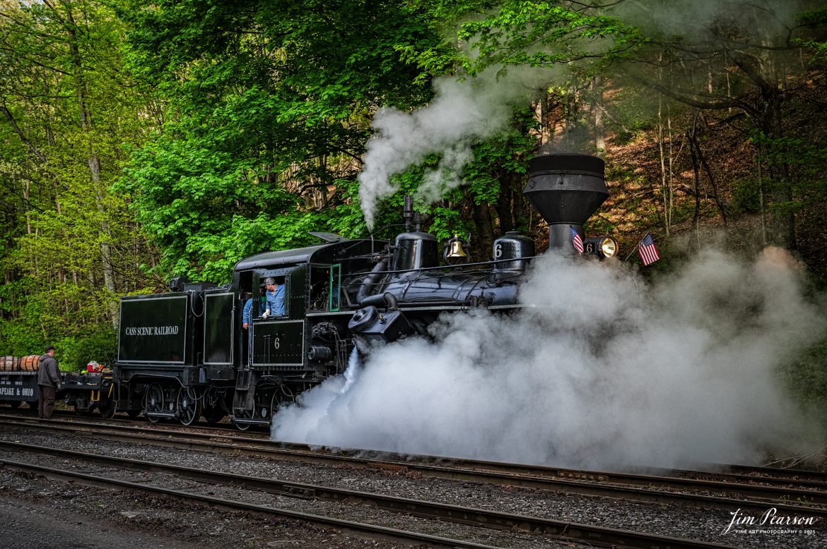 Cass Scenic Railroad Heisler #6 backs up to pickup cars for their train during the Cass Spring Photographers Special, at Cass, West Virginia on May 3rd, 2025. 

According to the Mountain Rail West Virginia Website: The Meadow River Lumber No. 6 was built by the Heisler Locomotive Works in Erie, PA, in 1929 for the Bostonia Coal & Clay Products Company of New Bethlehem, PA.

The Heisler was sold to the Meadow River Lumber Company at Rainelle, WV in 1939, where it was rostered as No. 6. She retired from the lumber company in 1965 and purchased by the State of West Virginia. The engine ran under its own steam from Rainelle to its new home in Cass in December 1966. No. 6 would begin operating on the railroad in 1968. The Heisler is the fastest geared locomotive in the Cass collection.

Tech Info: Nikon Z6ii, RAW, Nikon 24-70 @ 56mm, f/6.3, 1/1250, ISO 3,200.

#railroad #railroads #train, #trains #railway #railway #steamtrains #railtransport #railroadengines #picturesoftrains #picturesofrailways #besttrainphotograph #bestphoto #photographyoftrains #bestsoldpicture #JimPearsonPhotography #steamtrains #cassscenicrailway