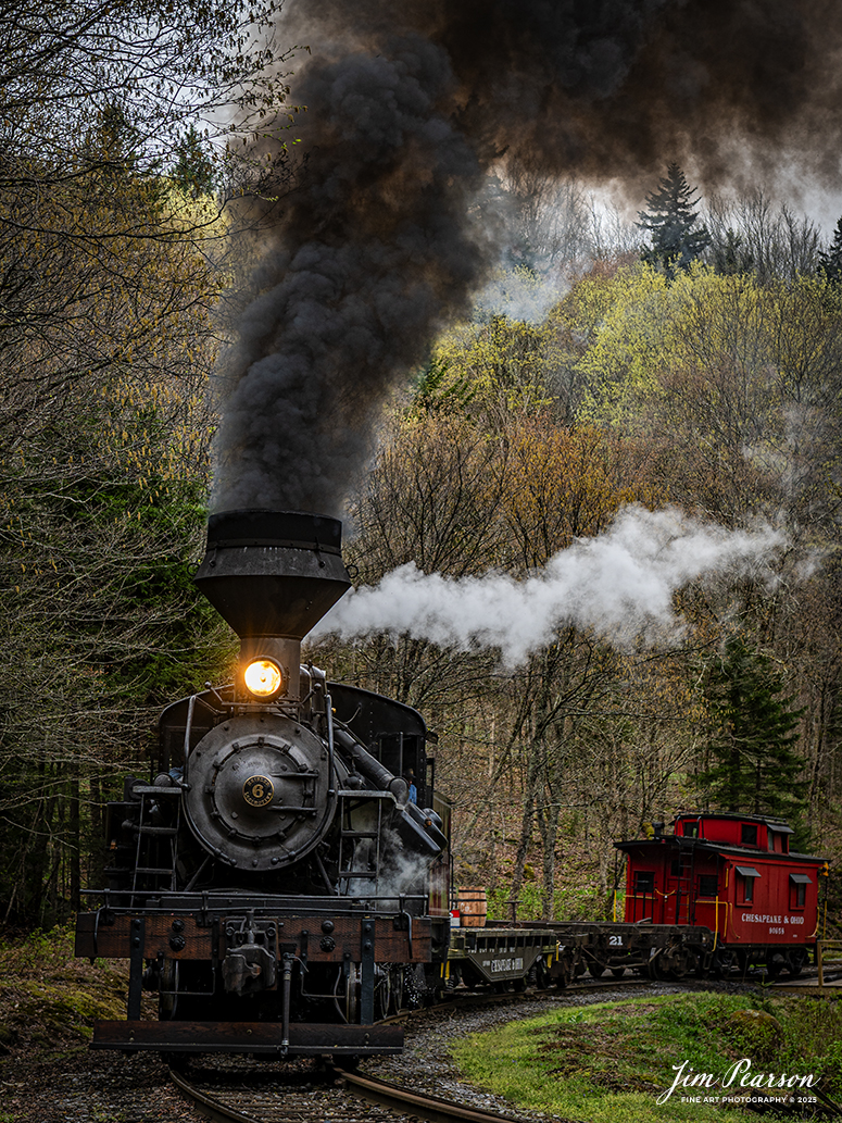 Cass Scenic Railroad Heisler #6 pulls up hill from the emergency water tank as they head for Bald Knob, WV during the Cass Spring Photographers Special, from Cass, West Virginia on May 3rd, 2025. 

According to the Mountain Rail West Virginia Website: The Meadow River Lumber No. 6 was built by the Heisler Locomotive Works in Erie, PA, in 1929 for the Bostonia Coal & Clay Products Company of New Bethlehem, PA.

The Heisler was sold to the Meadow River Lumber Company at Rainelle, WV in 1939, where it was rostered as No. 6. She retired from the lumber company in 1965 and was purchased by the purchased it by the state of West Virginia purchased. The engine ran under its own steam from Rainelle to its new home in Cass in December 1966. No. 6 would begin operating on the railroad in 1968. The Heisler is the fastest geared locomotive in the Cass collection.

Tech Info: Nikon Z6ii, RAW, Nikon 10=24@ 56mm, f/4.5, 1/640, ISO 250.

#railroad #railroads #train, #trains #railway #railway #railtransport #railroadengines #picturesoftrains #picturesofrailways #besttrainphotograph #bestphoto #photographyoftrains #bestsoldpicture #JimPearsonPhotography #steamtrain #casssenicrailroad