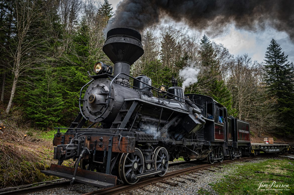 Cass Scenic Railroad Heisler #6 pulls up hill from the emergency water tank as they head for Bald Knob, WV during the Cass Spring Photographers Special, from Cass, West Virginia on May 3rd, 2025. 

According to the Mountain Rail West Virginia Website: The Meadow River Lumber No. 6 was built by the Heisler Locomotive Works in Erie, PA, in 1929 for the Bostonia Coal & Clay Products Company of New Bethlehem, PA.

The Heisler was sold to the Meadow River Lumber Company at Rainelle, WV in 1939, where it was rostered as No. 6. She retired from the lumber company in 1965 and was purchased by the purchased it by the state of West Virginia purchased. The engine ran under its own steam from Rainelle to its new home in Cass in December 1966. No. 6 would begin operating on the railroad in 1968. The Heisler is the fastest geared locomotive in the Cass collection.

Tech Info: Nikon Z6ii, RAW, Nikon 10-24@ 24mm, f/4.5, 1/640, ISO 110.

#railroad #railroads #train, #trains #railway #railway #railtransport #railroadengines #picturesoftrains #picturesofrailways #besttrainphotograph #bestphoto #photographyoftrains #bestsoldpicture #JimPearsonPhotography #steamtrain #casssenicrailroad
