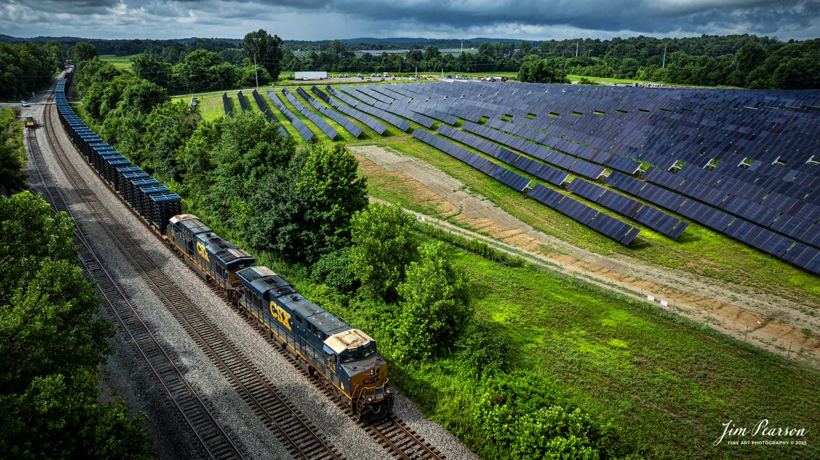 CSX M512 heads north at Anaconda, just south of Robards, Kentucky as they pass the newly constructed Solar energy fields, on the CSX Henderson Subdivision, on July 11th, 2025. The loads behind the power are truck frames.

Tech Info: DJI Mavic 3 Classic Drone, RAW, 22mm, f/2.8, 1/1000, ISO 100.

#railroad #railroads #train, #trains #railway #railway #steamtrains #railtransport #railroadengines #picturesoftrains #picturesofrailways #besttrainphotograph #bestphoto #photographyoftrains #bestsoldpicture #JimPearsonPhotography #trainsfromtheair #trainsfromadrone