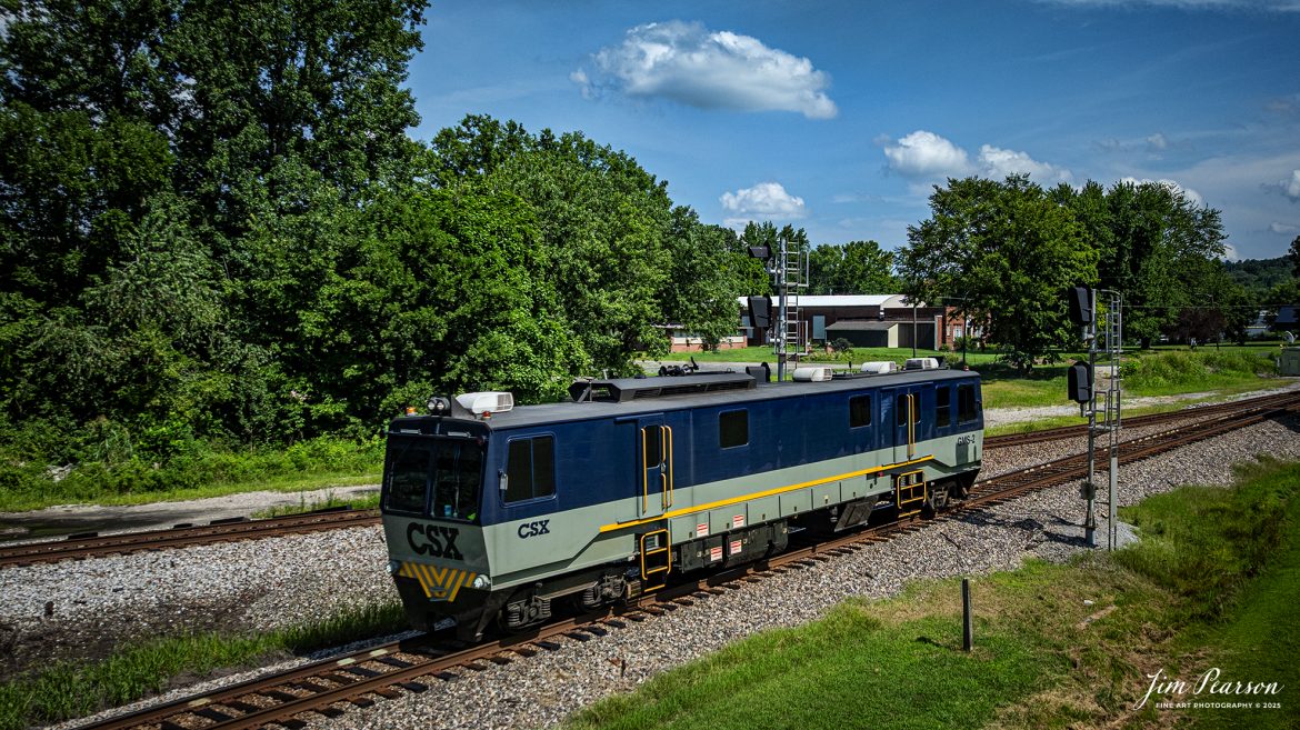 CSXT GMS-2, running as W002-22 heads north as they pass the Junction at Mortons Gap, Kentucky, on the CSX Henderson Subdivision, on July 22nd, 2025. 

From what I found on the Web: G-Gauge M-Measurement S-System is one of 2 such vehicles on CSX. It puts artificial stress in different directions on the rail to simulate a passing train and measures the amount of deflection caused by said stress to determine if tie, spikes and anchor systems are functioning as needed.

Tech Info: DJI Mavic 3 Classic Drone, RAW, 22mm, f/2.8, 1/2000, ISO 100.

#railroad #railroads #train, #trains #railway #railway #steamtrains #railtransport #railroadengines #picturesoftrains #picturesofrailways #besttrainphotograph #bestphoto #photographyoftrains #bestsoldpicture #JimPearsonPhotography #trainsfromtheair #trainsfromadrone