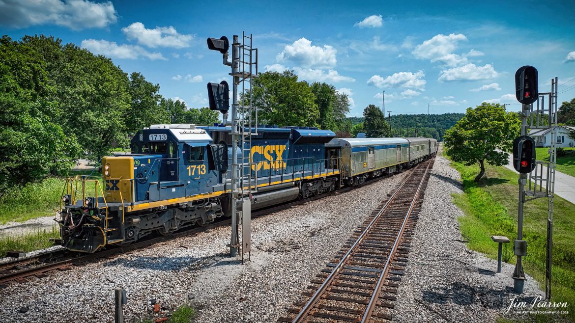 CSXT 1713 leads Geometry train W001 north as they take the cutoff at Mortons Junction at Mortons Gap, Kentucky on July 30th, 2025, on the CSX Henderson Subdivision. 

A geometry train pulls equipment to test several parameters of the track geometry. Some of the parameters generally measured include position, curvature, alignment of the track, smoothness, and the crosslevel of the two rails. The cars use a variety of sensors, measuring systems, and data management systems to create a profile of the track being inspected.

Tech Info: This is a 4K video frame grab shot by my DJI Mavic 3 Classic Drone, RAW, 22mm, f/2.8, 1/2000, ISO 100.

#railroad #railroads #train, #trains #railway #railway #steamtrains #railtransport #railroadengines #picturesoftrains #picturesofrailways #besttrainphotograph #bestphoto #photographyoftrains #bestsoldpicture #JimPearsonPhotography #trainsfromtheair #trainsfromadrone #onecsx #csx