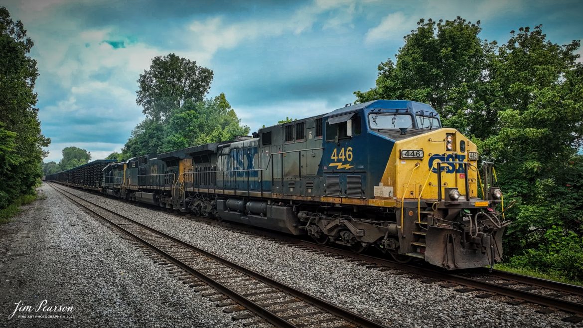 CSX M512 heads north at Anaconda, just south of Robards, Kentucky with CSXT 446 leading, on the CSX Henderson Subdivision, on August 4th, 2025. The loads behind the power are truck frames.

Tech Info: 4K Video Frame Grab from a DJI Mavic 3 Classic Drone, RAW, 22mm.

#railroad #railroads #train, #trains #railway #railway #steamtrains #railtransport #railroadengines #picturesoftrains #picturesofrailways #besttrainphotograph #bestphoto #photographyoftrains #bestsoldpicture #JimPearsonPhotography #trainsfromtheair #trainsfromadrone #onecsx #csx