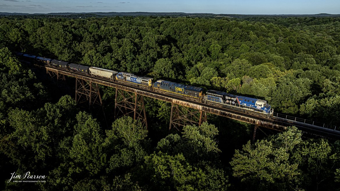 CSXT The Spirit of our Law Enforcement locomotive 3194 leads a loaded ethanol train across Gum Lick Trestle as they head south on the CSX Henderson Subdivision on August 24th, 2025.

From a CSXT past Press Release: CSXT 3194 was renamed to honor our nation’s police officers who dedicate their lives to serve and protect communities across our network.

“CSX is proud of the employee craftsmanship involved in transforming this locomotive into a special commemorative engine,” says Ed Harris, executive vice president of operations. “This is a moving tribute to the men and women who serve us every day and aligns with CSX’s goal to connect military service members, first responders, and their families to the resources and support they need.”

The Spirit of our Law Enforcement joins their collection of Pride in Service locomotives that they have launched – the Spirit of our Armed Forces and the Spirit of our First Responders. When not actively moving customers – freight, the locomotives are made available for special events along the CSX system – extending our culture of service and commitment from our customers to the communities where we operate.

Tech Info: DJI Mavic 3 Classic Drone, RAW, 22mm, f/2.8, 1/1000, ISO 170

#railroad #railroads #train, #trains #railway #railway #steamtrains #railtransport #railroadengines #picturesoftrains #picturesofrailways #besttrainphotograph #bestphoto #photographyoftrains #bestsoldpicture #JimPearsonPhotography #trainsfromtheair #trainsfromadrone #onecsx #csx