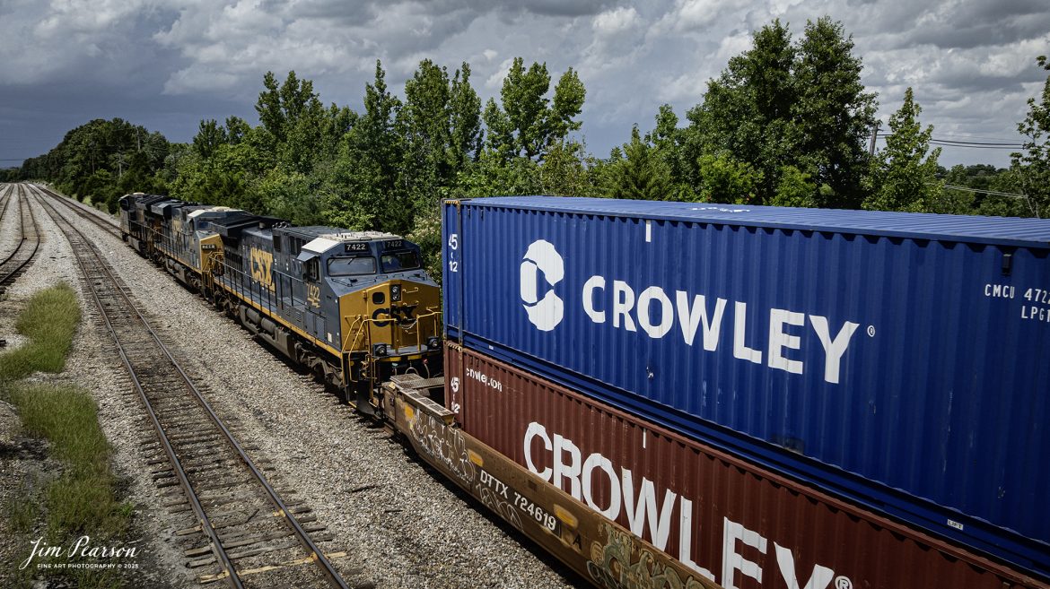 CSXT 3309 leads hot intermodal I026 as they head north from the south end of Atkinson Yard at Madisonville, Kentucky, on the CSX Henderson Subdivision, on July 12th, 2025. 

Tech Info: DJI Mavic 3 Classic Drone, RAW, 22mm, f/2.8, 1/2500, ISO 100.

#railroad #railroads #train, #trains #railway #railway #steamtrains #railtransport #railroadengines #picturesoftrains #picturesofrailways #besttrainphotograph #bestphoto #photographyoftrains #bestsoldpicture #JimPearsonPhotography #trainsfromtheair #trainsfromadrone