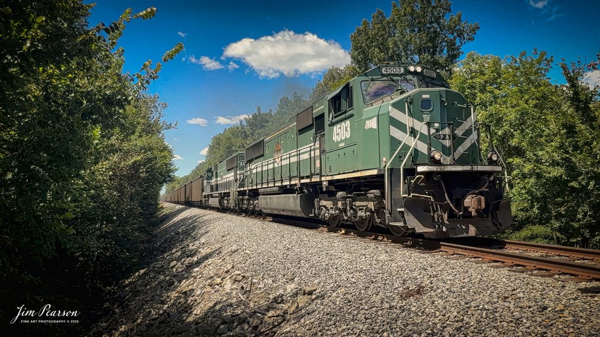 Paducah and Louisville Railway 4503 and 4521 lead a loaded Louisville, Gas and Electric coal train north from Pond River at Madisonville, Kentucky, on August 26th, 2025. 

According to Wikipedia: The Paducah & Louisville Railway (reporting mark PAL) is a Class II railroad that operates freight service between Paducah and Louisville, Kentucky. The line is located entirely within the Commonwealth of Kentucky.

The 270-mile (430 km) line was purchased from Illinois Central Gulf Railroad in August of 1986.

Tech Info: 4K Frame Grab from an iPhone 16pro

#railroad #railroads #train, #trains #railway #railway #steamtrains #railtransport #railroadengines #picturesoftrains #picturesofrailways #besttrainphotograph #bestphoto #photographyoftrains #bestsoldpicture #JimPearsonPhotography #trainsfromtheair #trainsfromadrone #paducahandlouisvillerailway