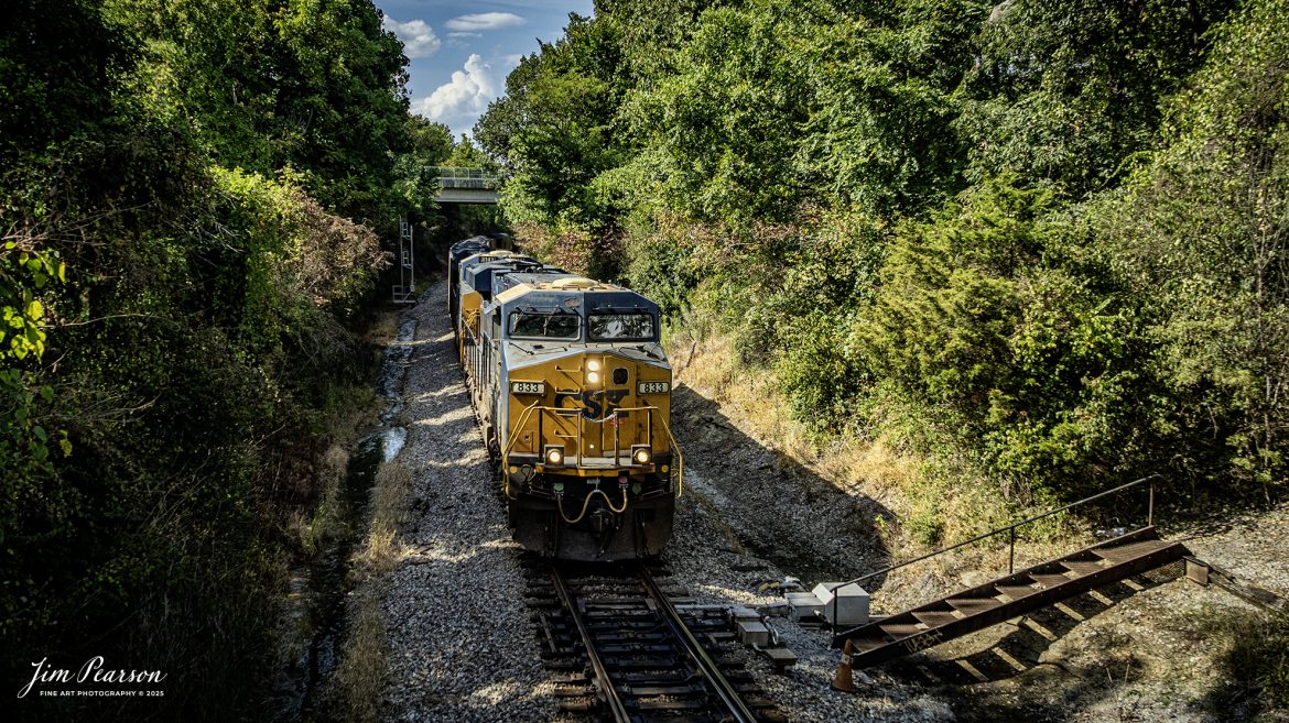 CSXT833 leads loaded coal train C305 south at Arklow at Madisonville, Kentucky, on September 3rd, 2025, on the CSX Henderson Subdivision.

Tech Info: DJI Mavic 3 Classic Drone, RAW, 22mm, f/2.8, 1/1600, ISO 170

#railroad #railroads #train, #trains #railway #railway #railtransport #railroadengines #picturesoftrains #picturesofrailways #besttrainphotograph #bestphoto #photographyoftrains #bestsoldpicture #JimPearsonPhotography #trainsfromtheair #trainsfromadrone #onecsx #csx