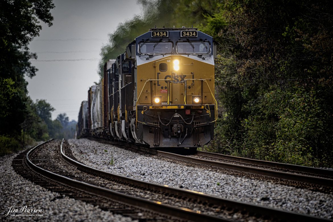 CSXT 3434 leads northbound CSX M512 as they climb the grade at middle Kelly, Kentucky, on the CSX Henderson Subdivision on October 3rd, 2025.

Tech Info: Nikon Z6ii, RAW, Sigma 150-600 @ 420mm, f/6, 1/800, ISO 640

#railroad #railroads #train, #trains #railway #railway #railtransport #railroadengines #picturesoftrains #picturesofrailways #besttrainphotograph #bestphoto #photographyoftrains #bestsoldpicture #JimPearsonPhotography